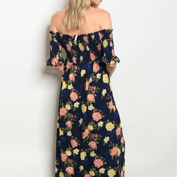 NAVY & FLORAL PRINT SMOCKED TOP MAXI DRESS - Picture 3 of 7